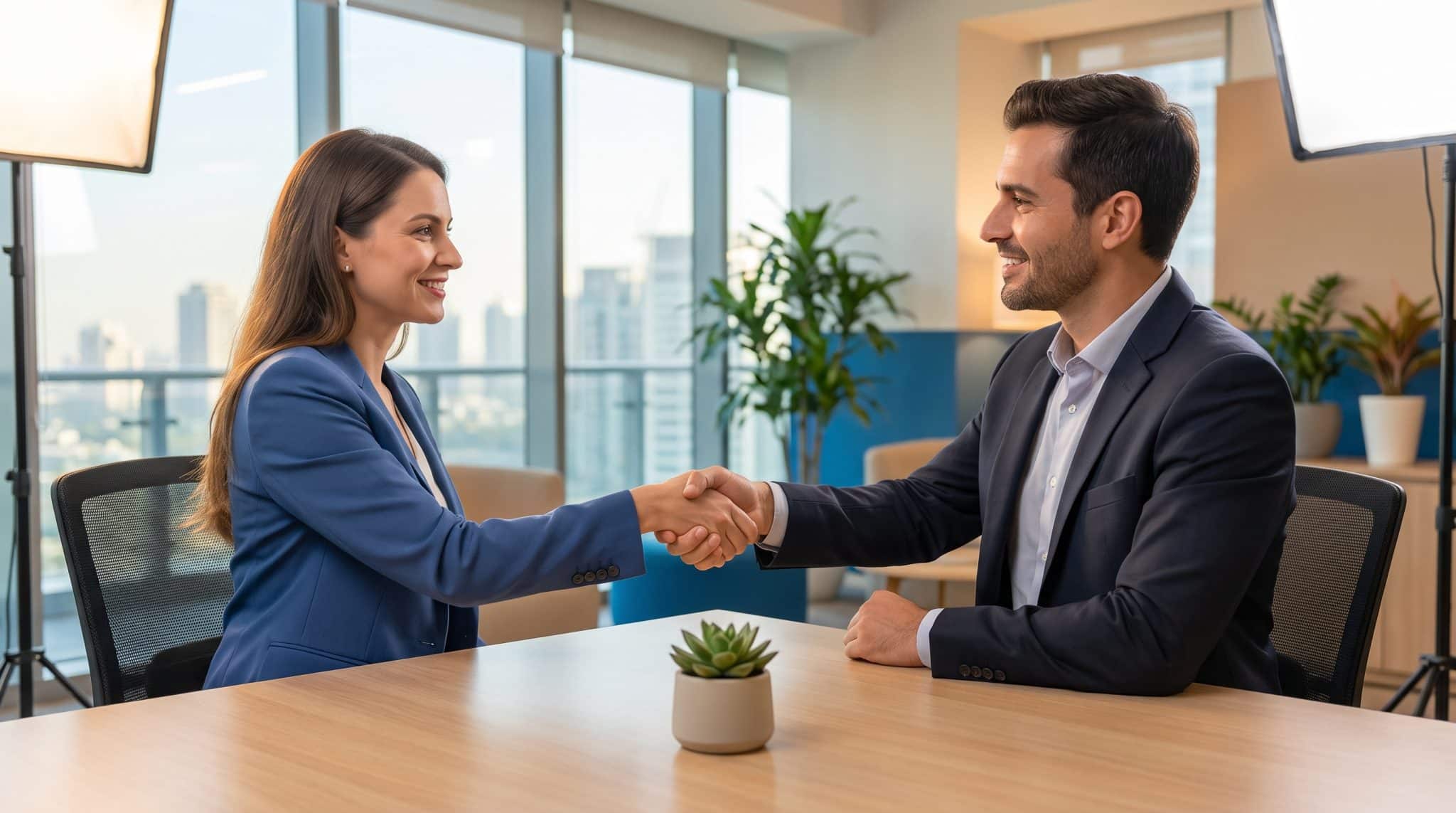 Business professionals shaking hands at conference table in modern office with large windows