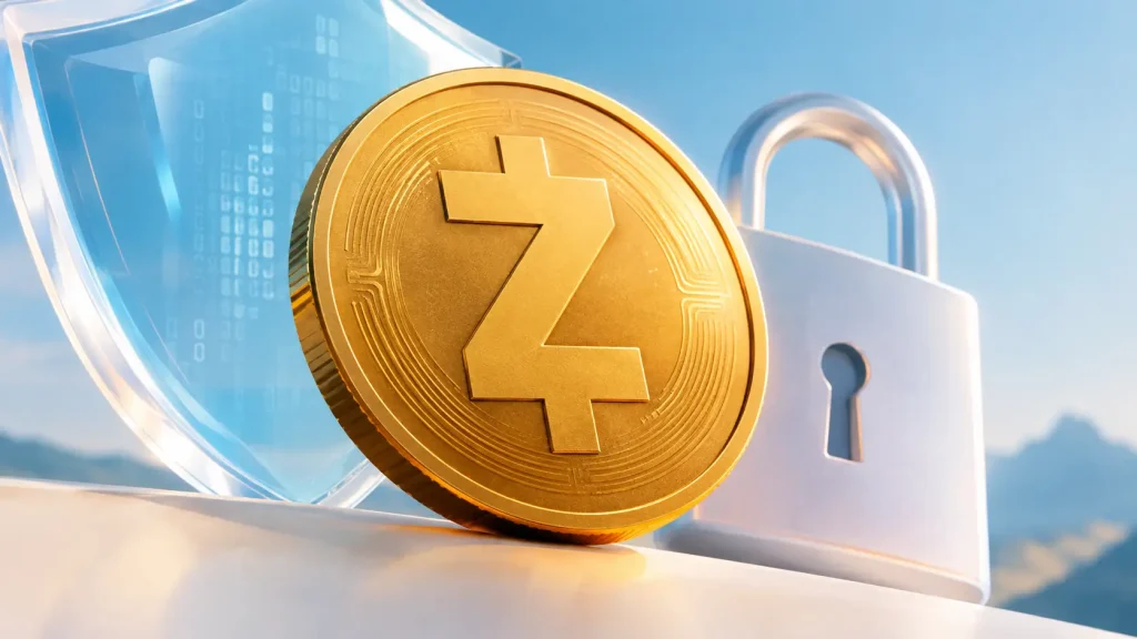 Gold cryptocurrency coin with shield and padlock in outdoor setting under blue sky