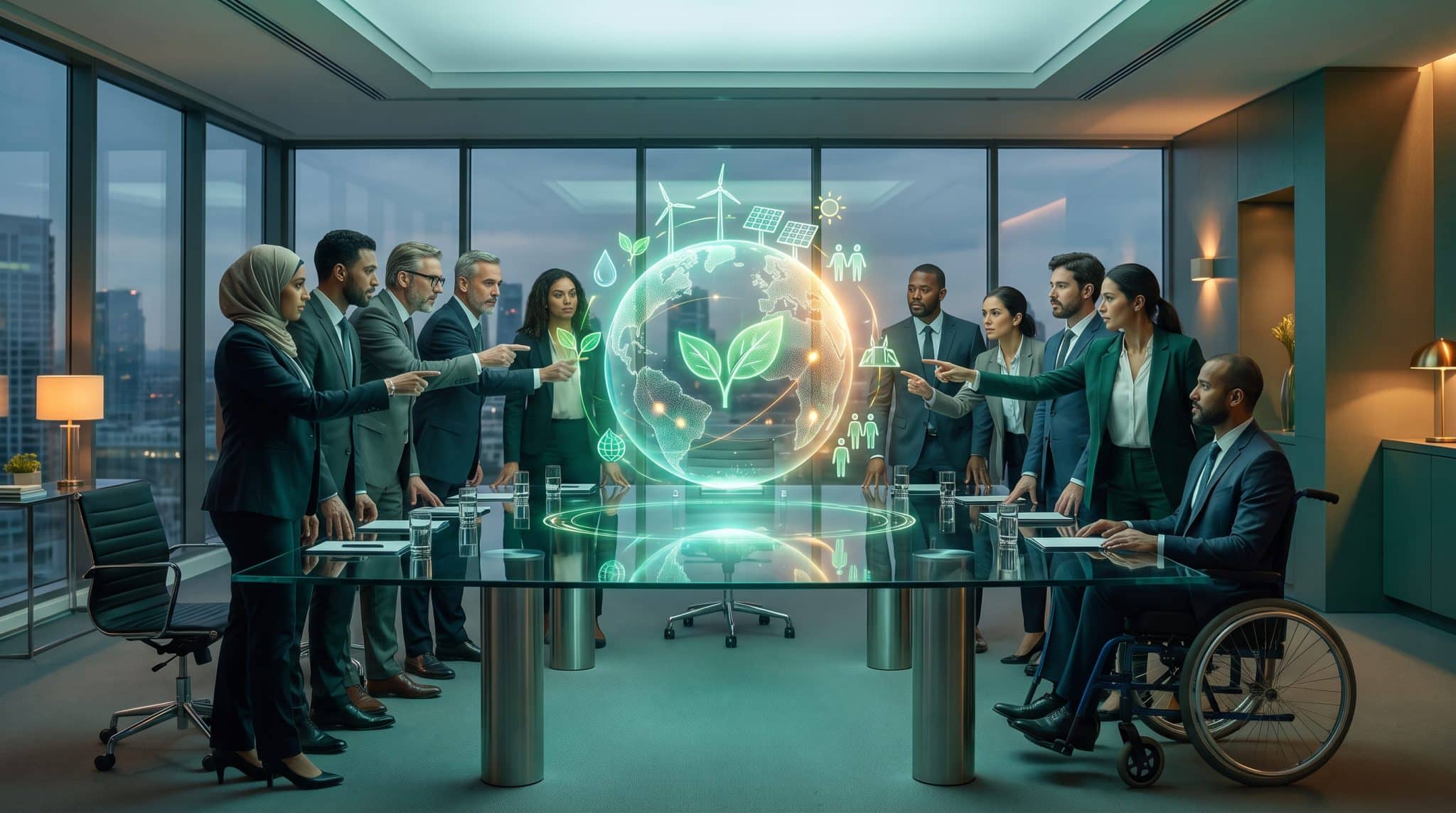 Businesspeople in formal attire discussing eco-friendly innovations around a holographic globe in a glass-walled boardroom