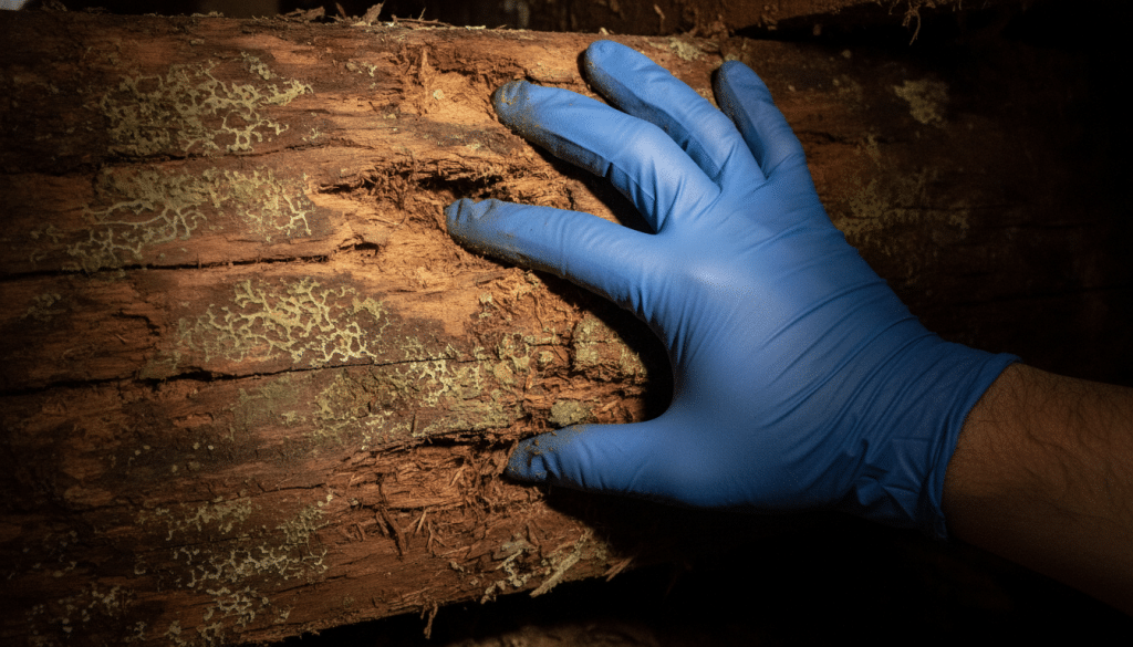 Gloved hand examining decaying wood with green fungus in dimly lit setting