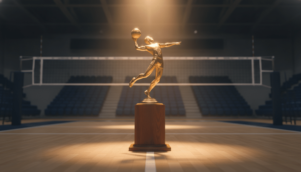 Golden volleyball trophy on wooden pedestal in spotlight on indoor court with bleachers