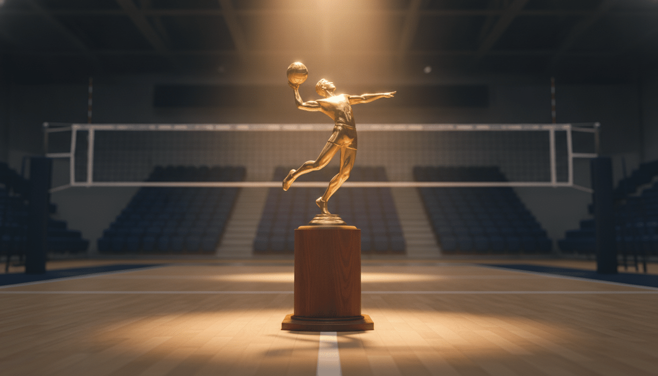 Golden volleyball trophy on wooden pedestal in spotlight on indoor court with bleachers