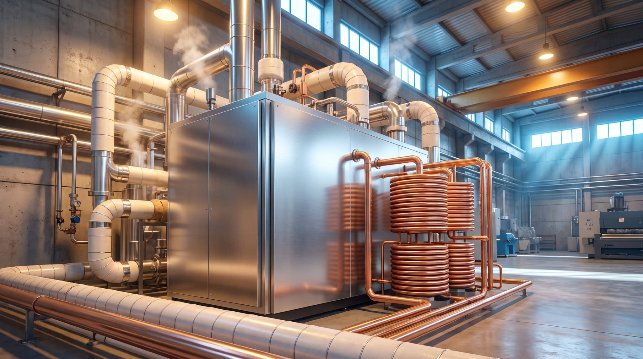 Industrial boiler with complex pipework in spacious, brightly lit factory setting
