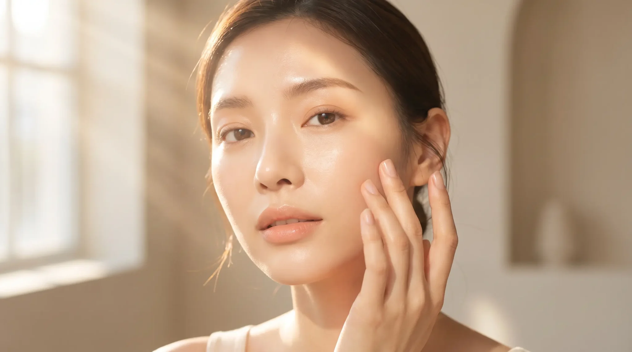 Woman with glowing skin touching face in soft natural light indoors