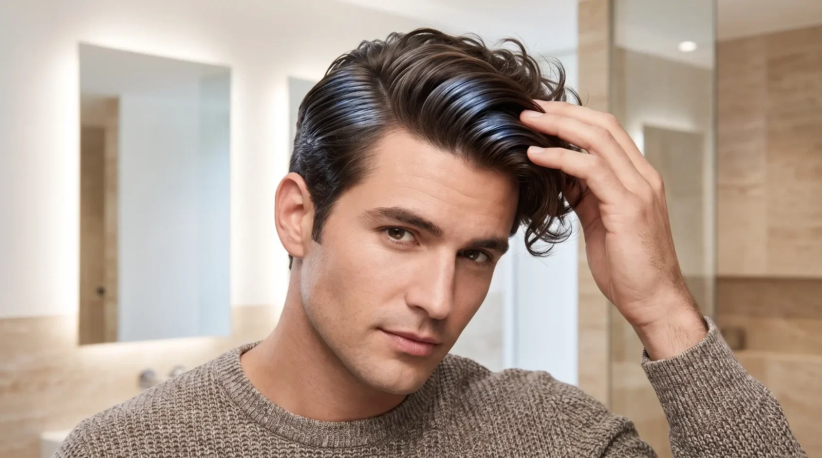 Man styling hair in a modern bathroom with beige tiles and bright lighting