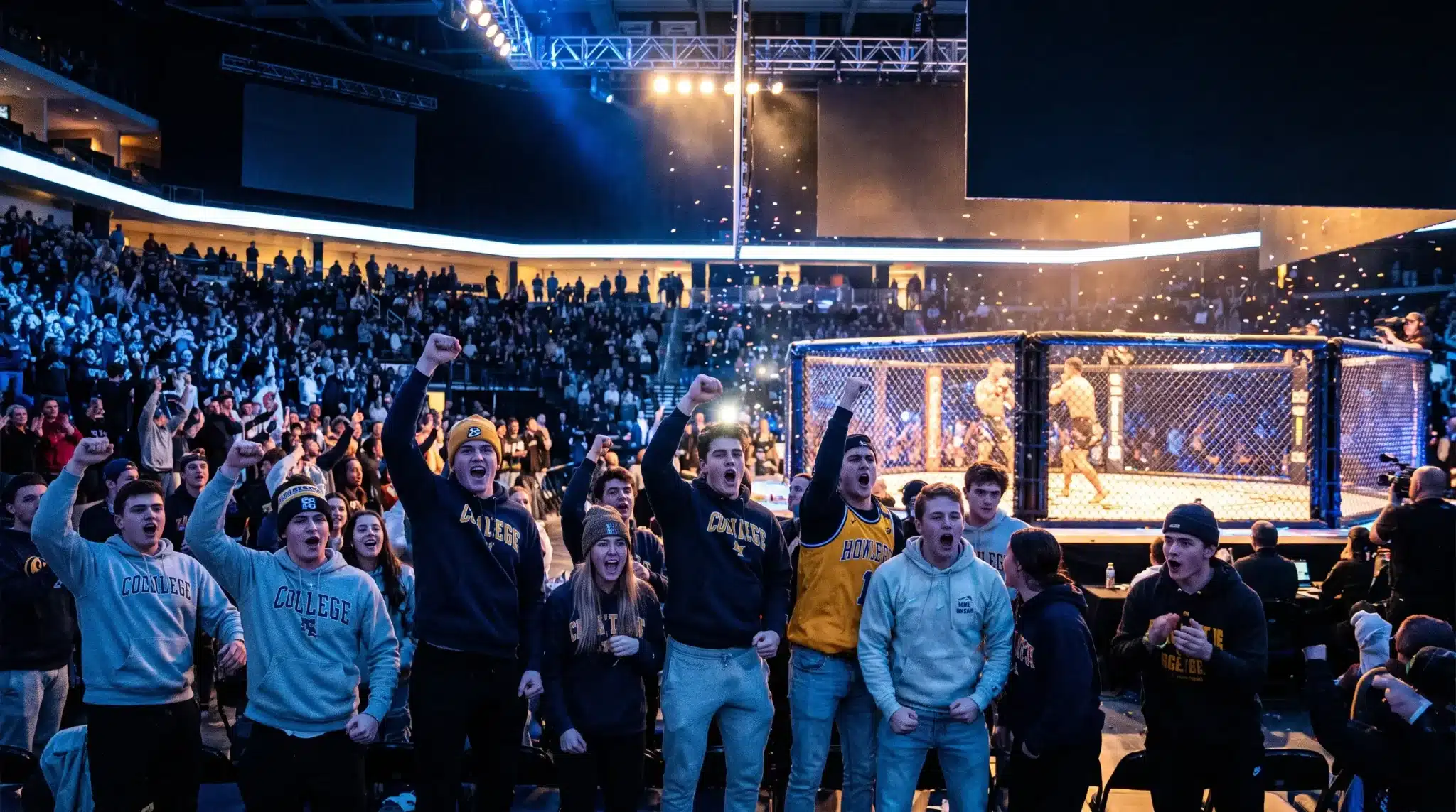 Excited crowd cheering at mixed martial arts event in large arena with cage fighting match