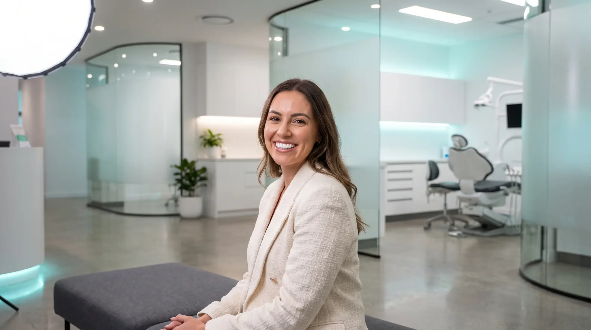 Smiling woman in modern dental office with glass partitions and dental chair