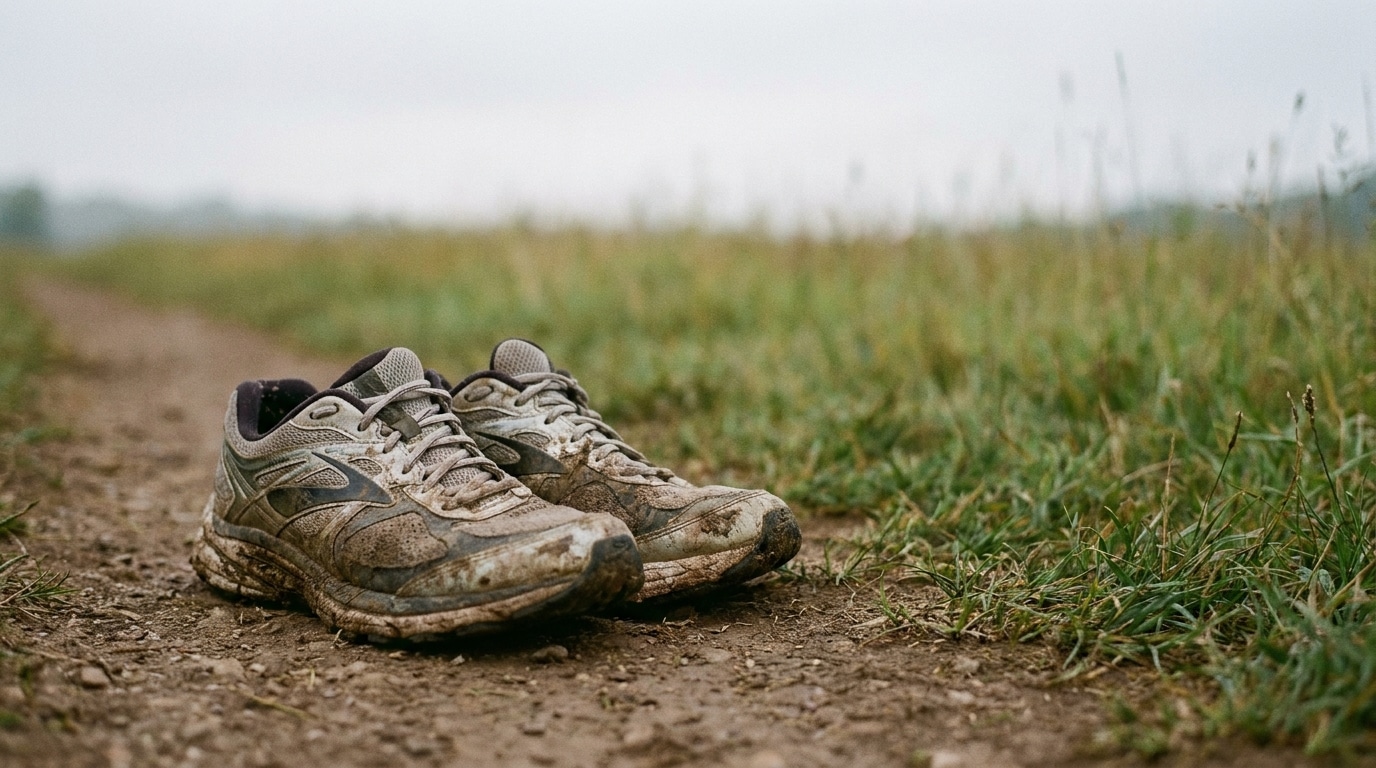 Worn-out running shoes on a dirt path in a grassy outdoor setting