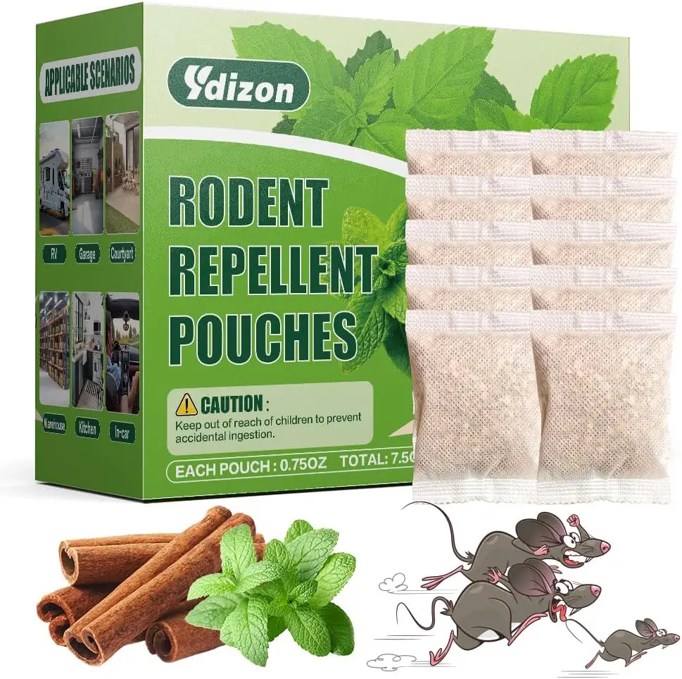 Rodent repellent pouches with cinnamon and mint beside illustration of running mice