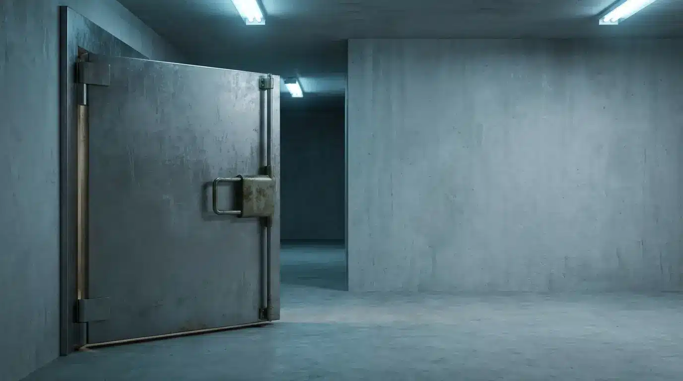 Open heavy metal door in dim concrete room with fluorescent ceiling lights