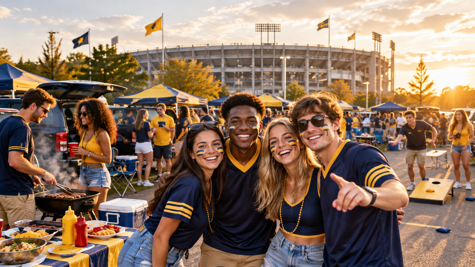 Fans with face paint and jerseys enjoying tailgate party near stadium at sunset