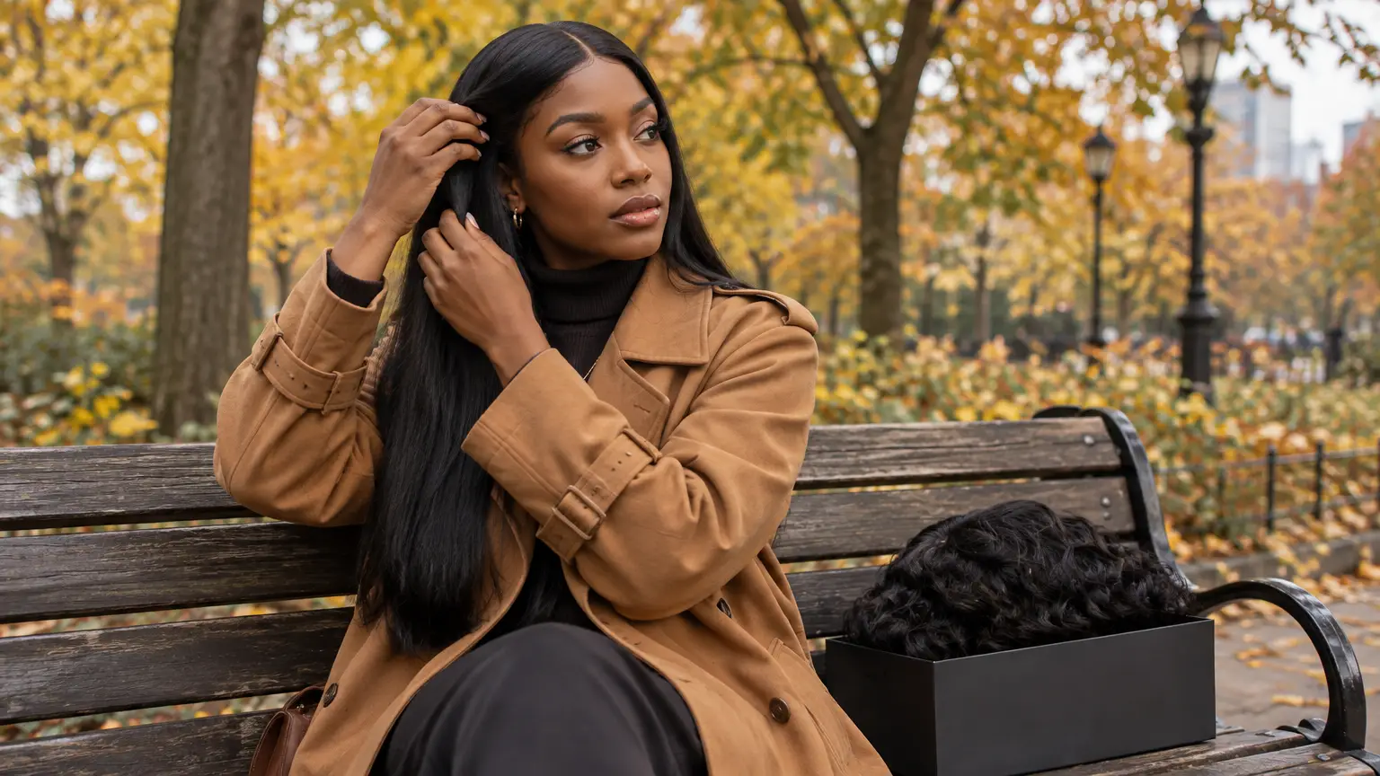 Woman adjusting hair on park bench with autumn foliage background