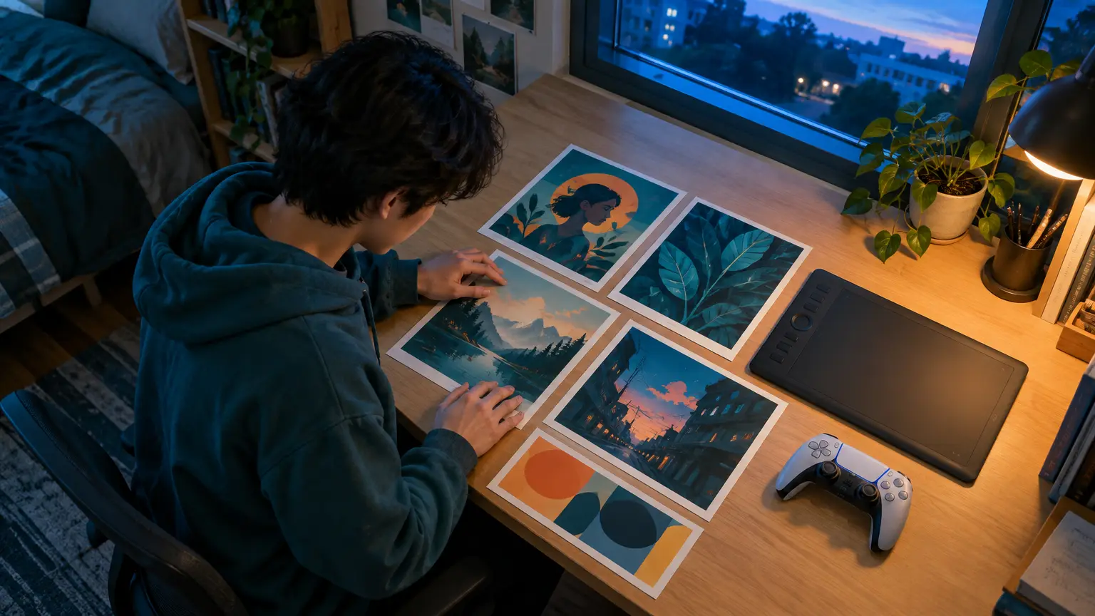 Person examining art prints on wooden desk in cozy study with graphics tablet and game controller