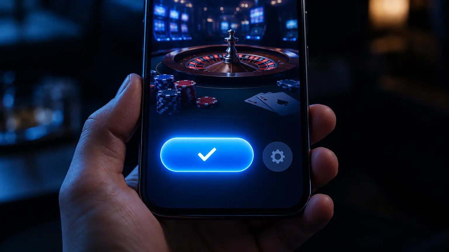 Smartphone displaying a virtual roulette game interface with glowing check button in dimly lit room
