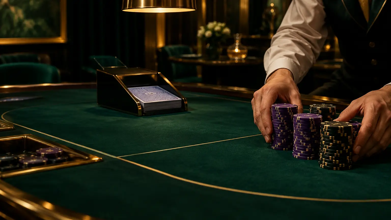 Casino dealer arranging poker chips on green felt table under warm lighting