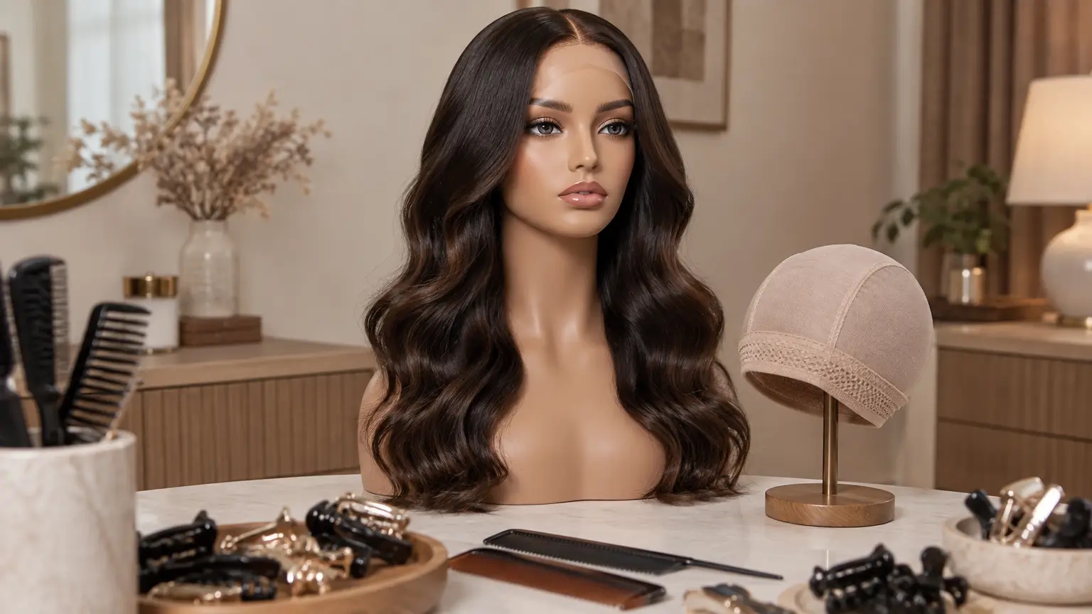 Wig display on mannequin head surrounded by styling tools in a modern salon setting