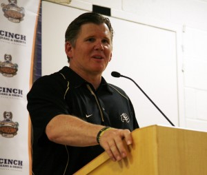 Coach Dan Hawkins speaks at a press conference after the 2010 Rocky Mountain Showdown at Invesco Field at Mile High Saturday, Sept. 4.  Hawkins was relieved of duty on Tuesday. (CU Independent/Lauren Walter)