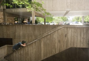 Lurking in a stairwell in the Engineering Complex, zombie and freshman mechanical engineering major Scott Boreham waits to tag an unsuspecting human during Humans vs. Zombies Tuesday, Oct. 5. Zombies are designated by a bandana around their head while humans wear bandana armbands. (CU Independent/Lauren Walter)